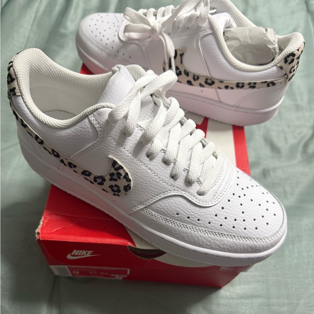 Nike Women's White Sneakers with Leopard Accents